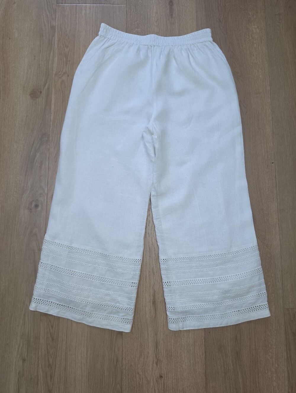 Elie Tahari White Linen Crop Pants Wide Leg Lace Trim Resort Coastal Size M - Picture 3 of 6